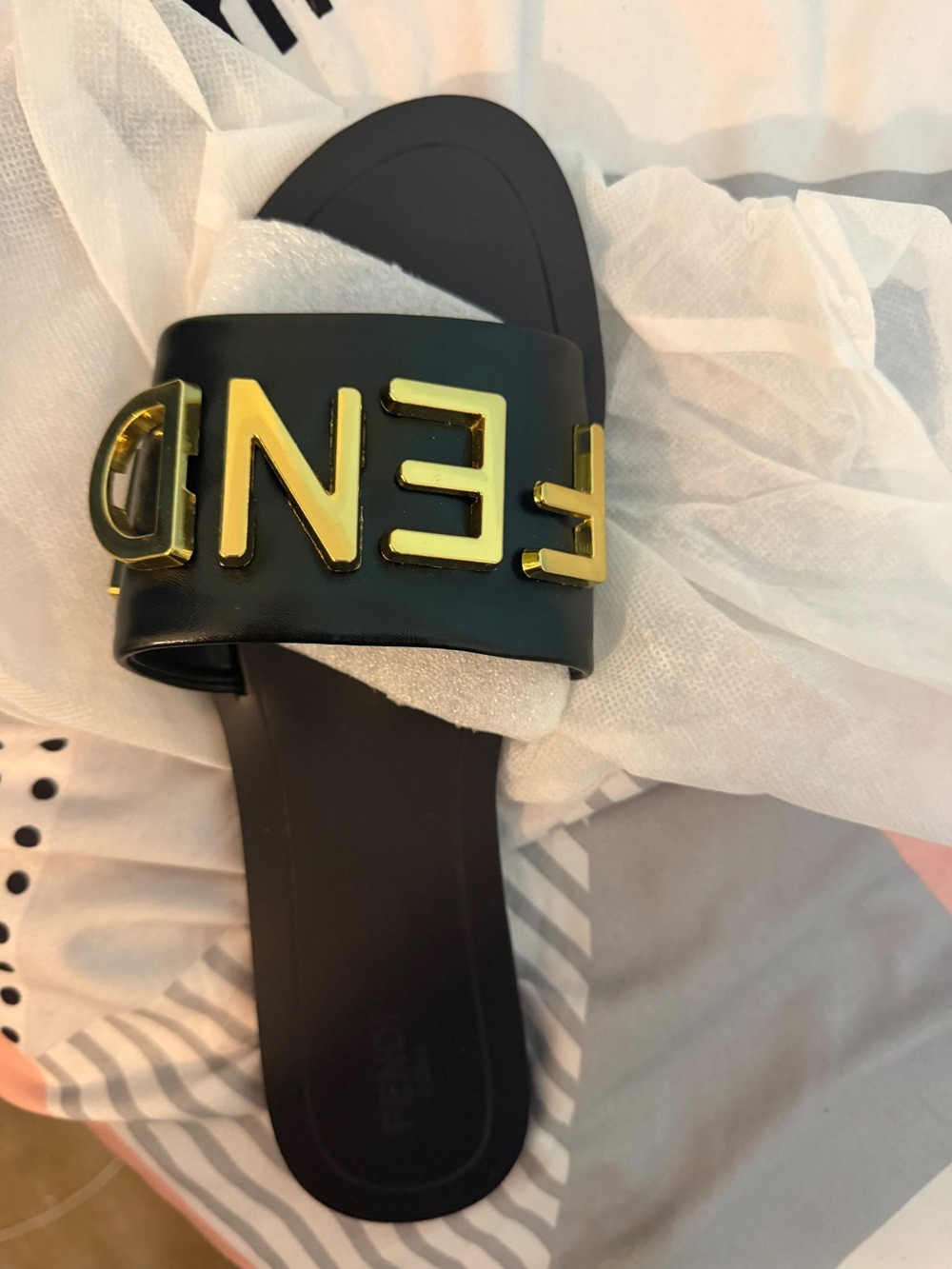 Black Slide Sandal with Gold Logo Accent